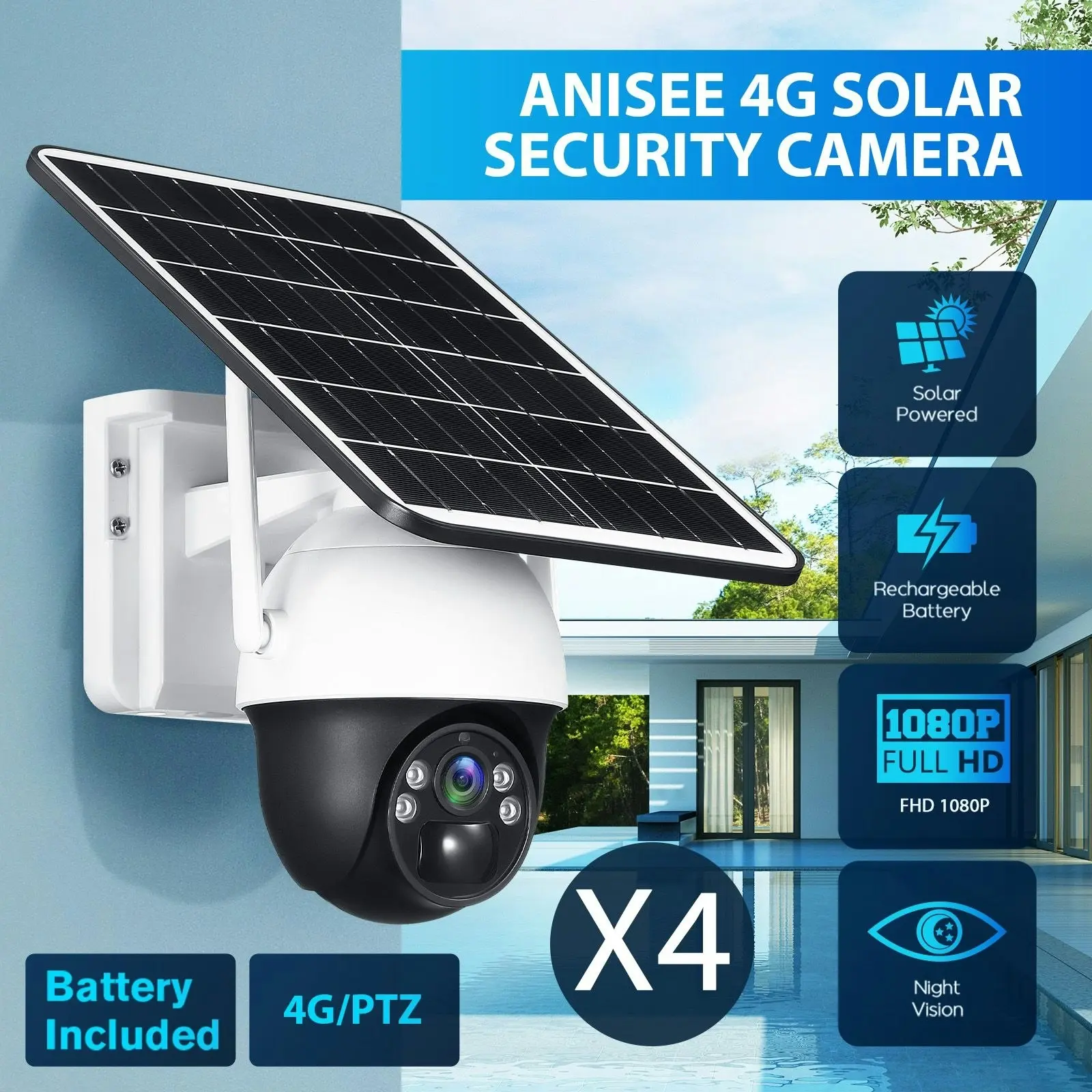 Ausway 4G Solar Security Camera Wireless Outdoor CCTV Home Surveillance System with Battery Remote Control x4