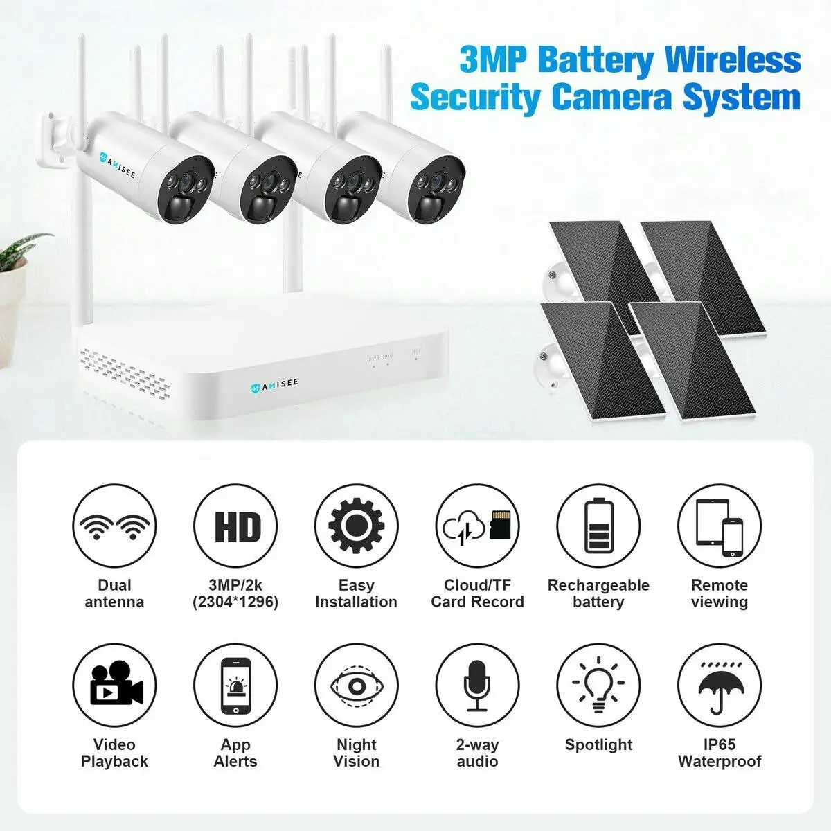 Maxkon Wifi Security Cameras 4 Set Wireless CCTV Home Spy Surveillance System Outdoor With 8CH NVR Solar Panel Battery