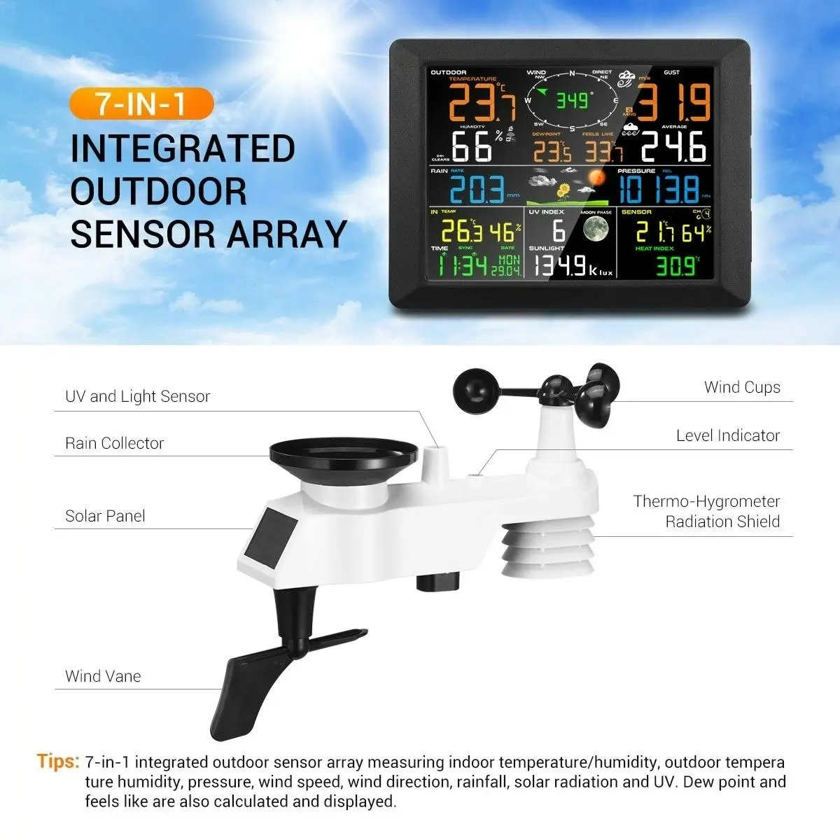 Maxkon  WIFI Weather Station Solar Powered for UV Light Temperature Humidity Wind Speed