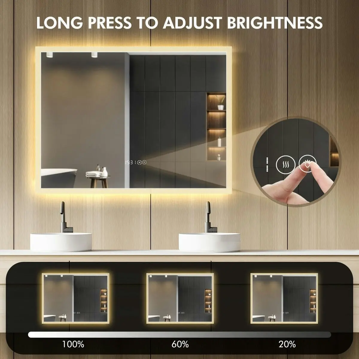 LUXSUITE  Bathroom Mirror Smart Fogless LED Rectangular Wall Mounted for Shower Vanity Salon 80X60cm