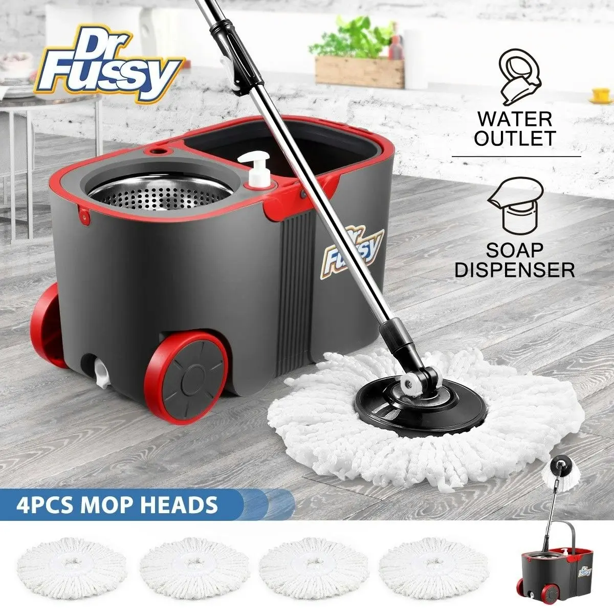 Dr FUSSY Spin Rotating Mop and Bucket Set  360 Degree with Wheels and 4 Microfibre Mop Heads