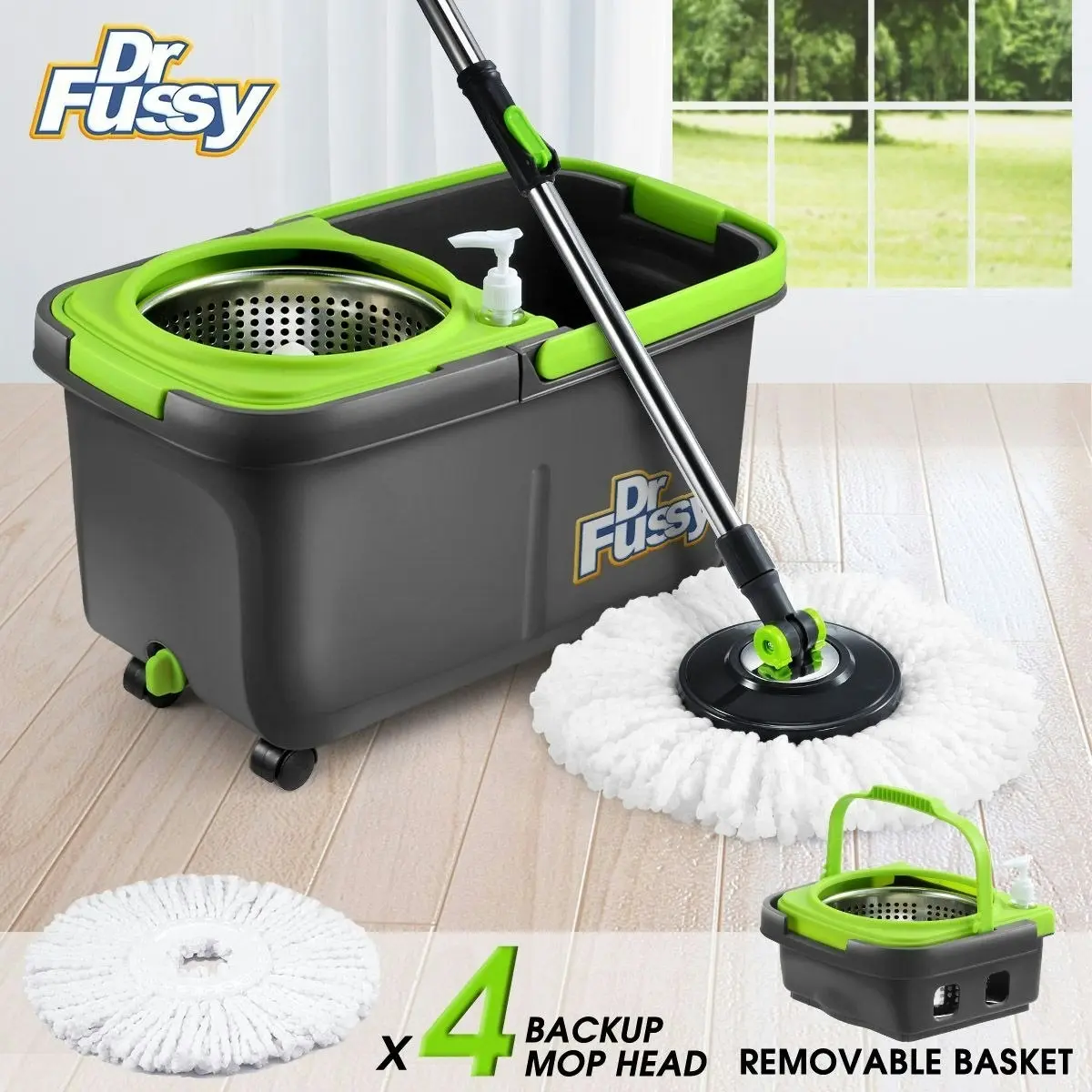 Dr FUSSY Stainless Steel Microfiber 360 Spin Mop 10L