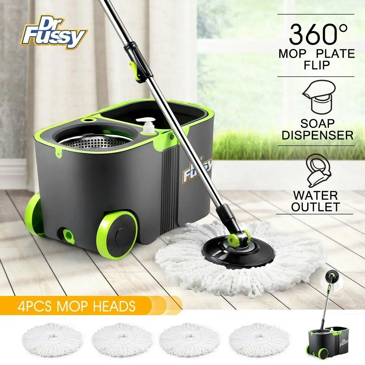 Dr FUSSY 360 Degree Spin Floor Mop Bucket System with 4 Extra Microfiber Heads