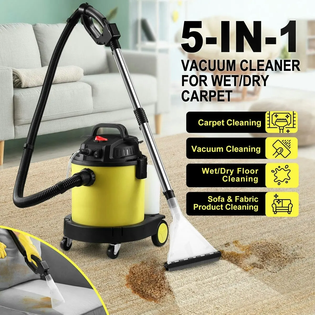 Maxkon 5in1 Carpet Cleaner Vacuum Floor Sofa Wet and Dry Vac Mop Cleaning Machine Portable Smart with Wheels