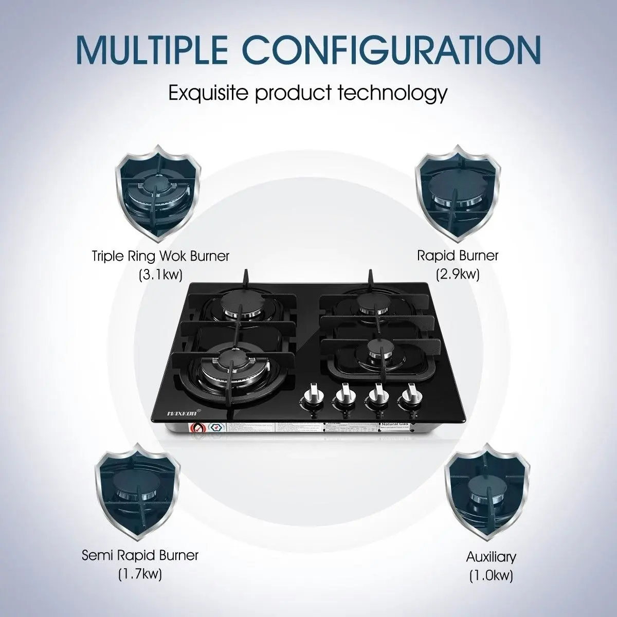 Maxkon Gas Cooktop 4 Burner Gas Hob Black Tempered Glass Top Gas Stove NG LPG