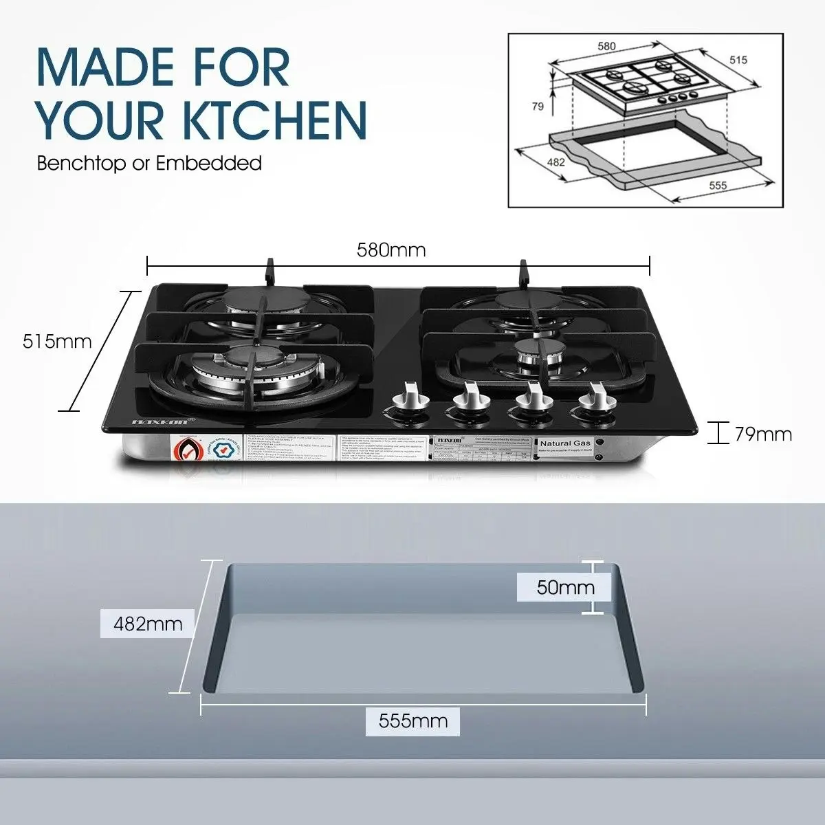 Maxkon Gas Cooktop 4 Burner Gas Hob Black Tempered Glass Top Gas Stove NG LPG