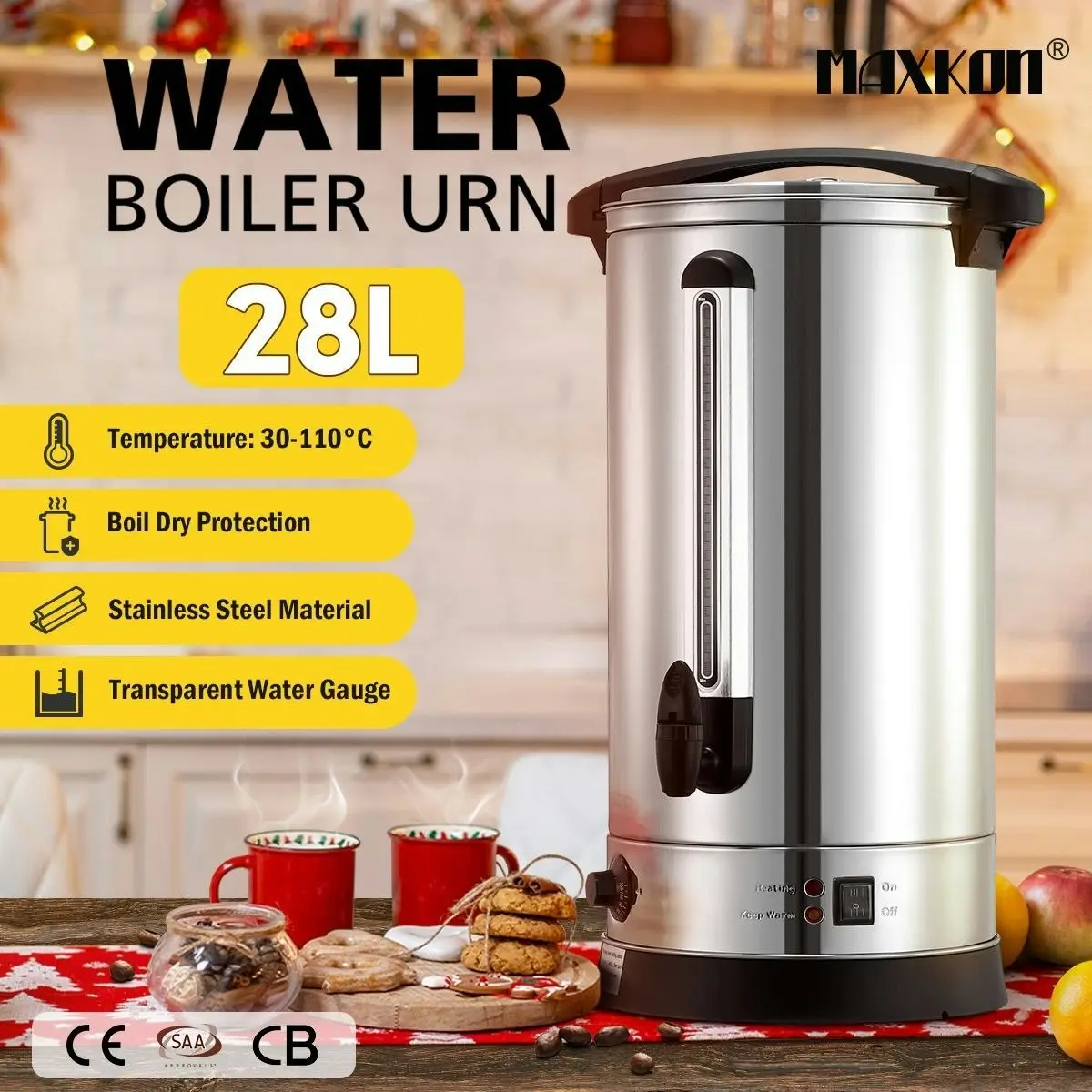 Maxkon  28L Stainless Steel Hot Water Urn 2500W Electric Hot Beverage Dispenser with Boil Dry Protection