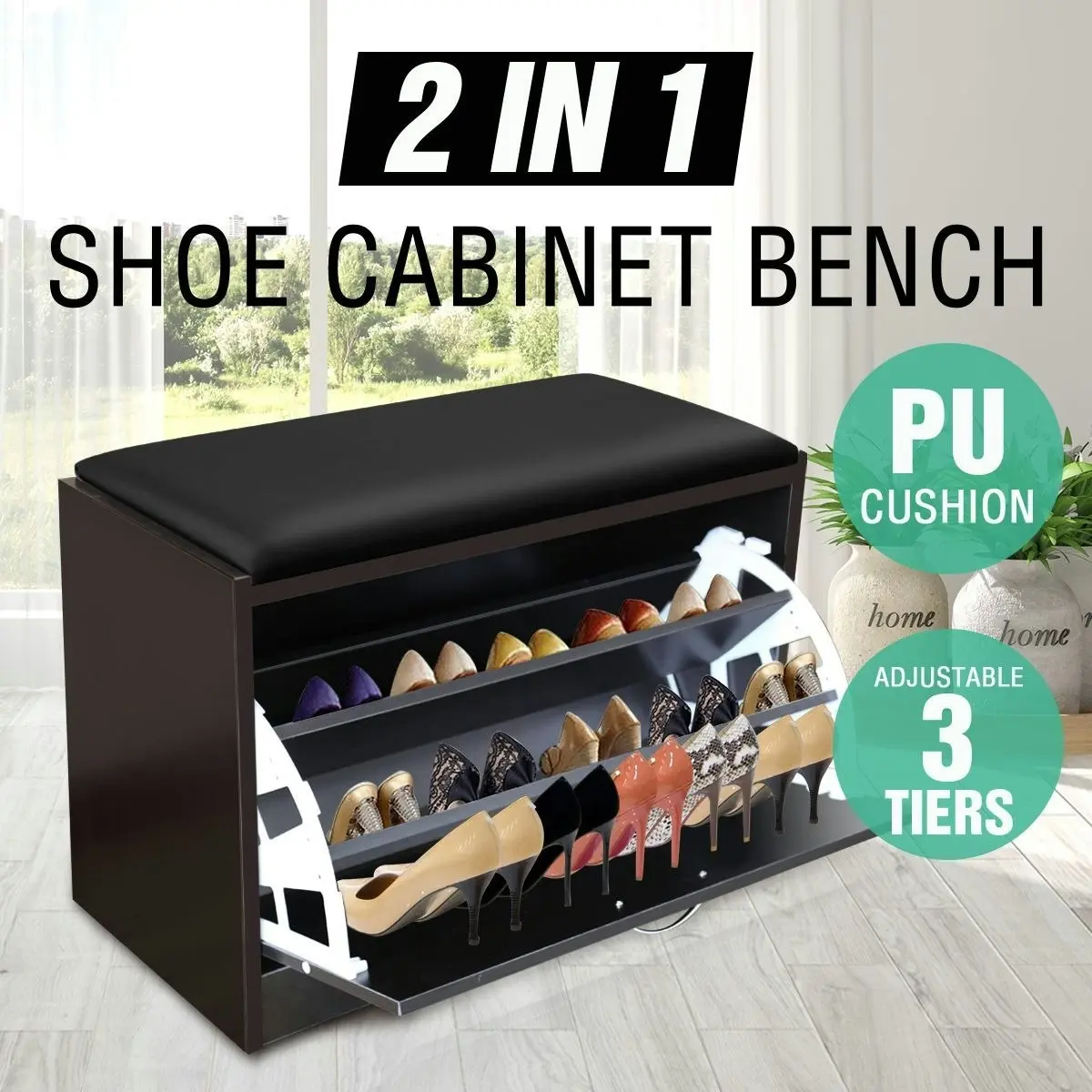 Ausway Black Wooden Shoe Cabinet Fold Organizer