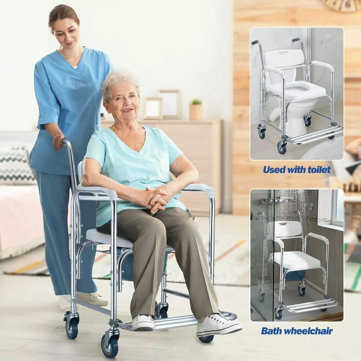 Ausway Commode Shower Chair Toilet Wheelchair 3 in 1 Bath Stool Bathroom Bedside Seat Seating Furniture Folding with Arms