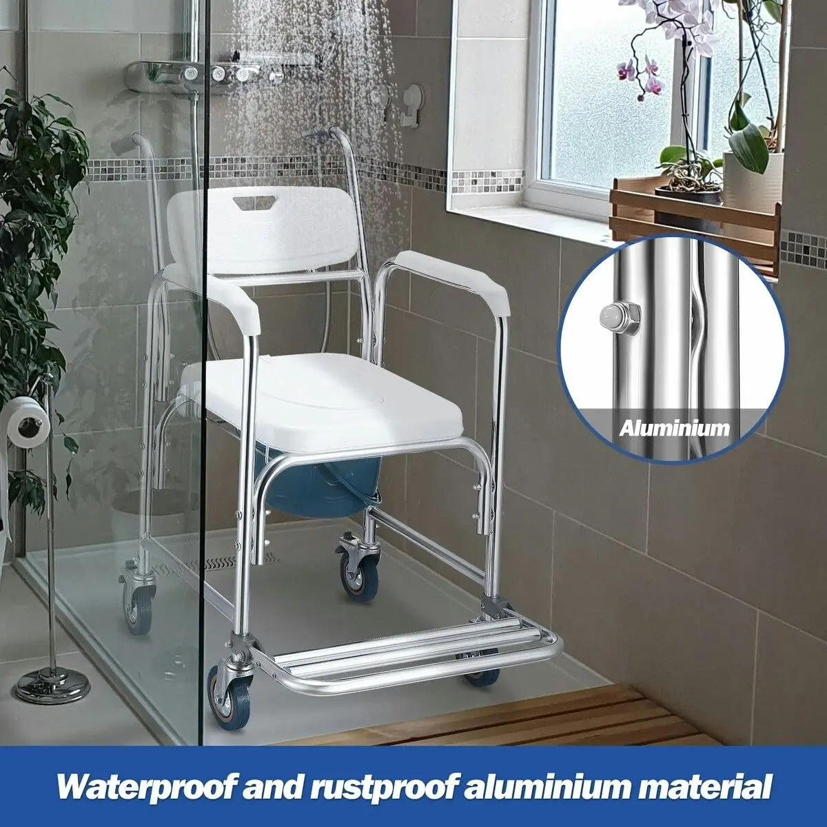 Ausway Commode Shower Chair Toilet Wheelchair 3 in 1 Bath Stool Bathroom Bedside Seat Seating Furniture Folding with Arms