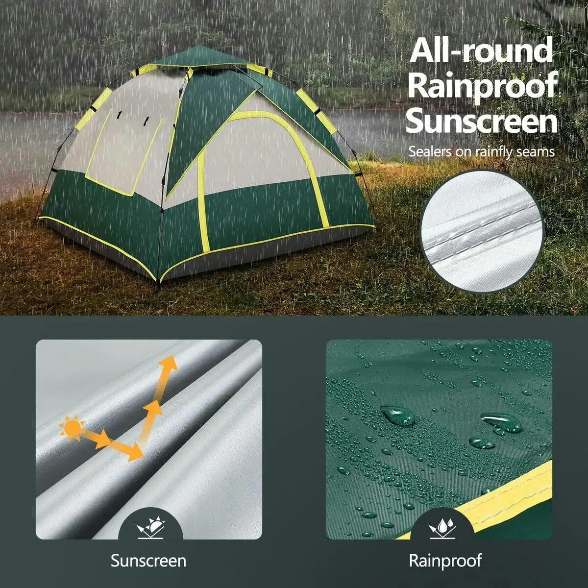 OGL  3 Person Tent Camping Pop Up Instant Beach Sun Shade Shelter Family Waterproof 215x200x141cm Green White