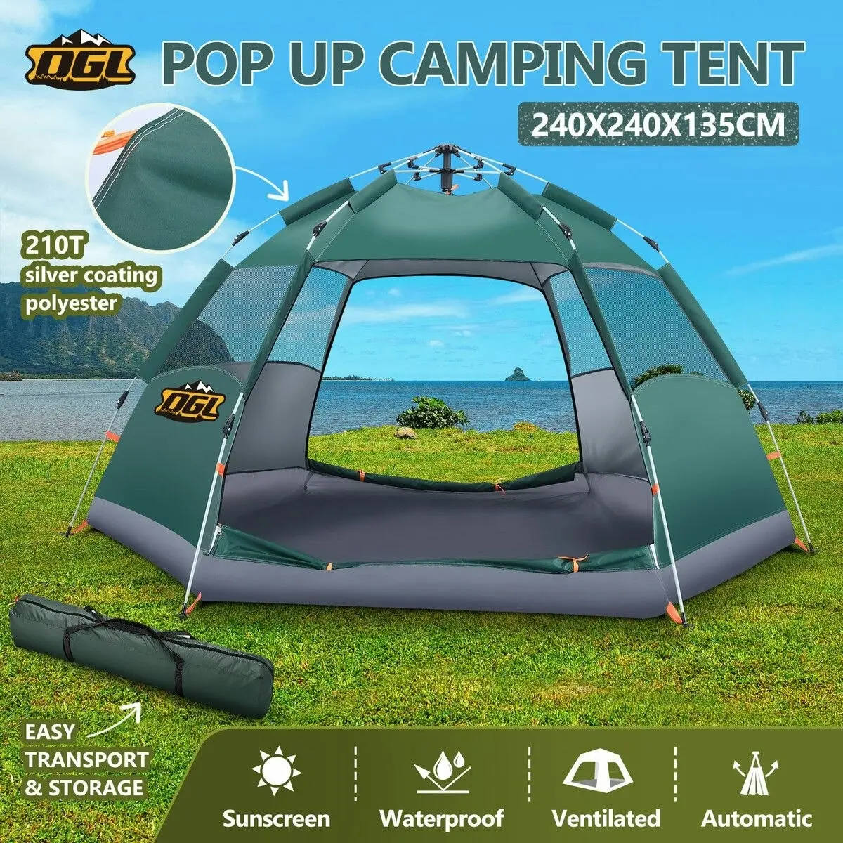 OGL 4 Man Beach Tent Shelter Instant Pop Up Camping Family Dome Sun Shade Hiking Picnic Outdoor 240x240x135cm Green