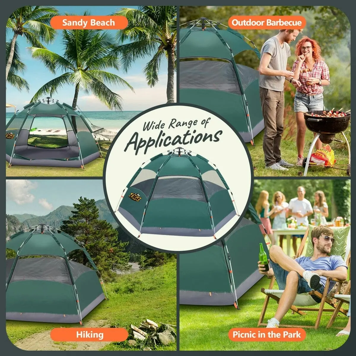 OGL 4 Man Beach Tent Shelter Instant Pop Up Camping Family Dome Sun Shade Hiking Picnic Outdoor 240x240x135cm Green