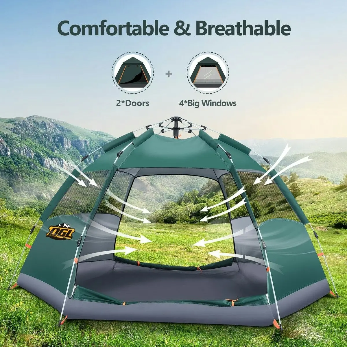 OGL 4 Man Beach Tent Shelter Instant Pop Up Camping Family Dome Sun Shade Hiking Picnic Outdoor 240x240x135cm Green