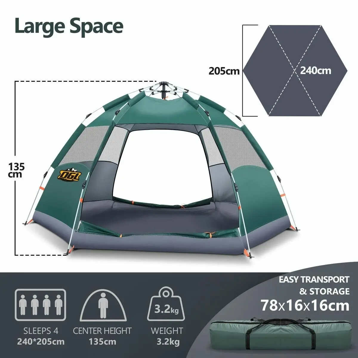 OGL 4 Man Beach Tent Shelter Instant Pop Up Camping Family Dome Sun Shade Hiking Picnic Outdoor 240x240x135cm Green