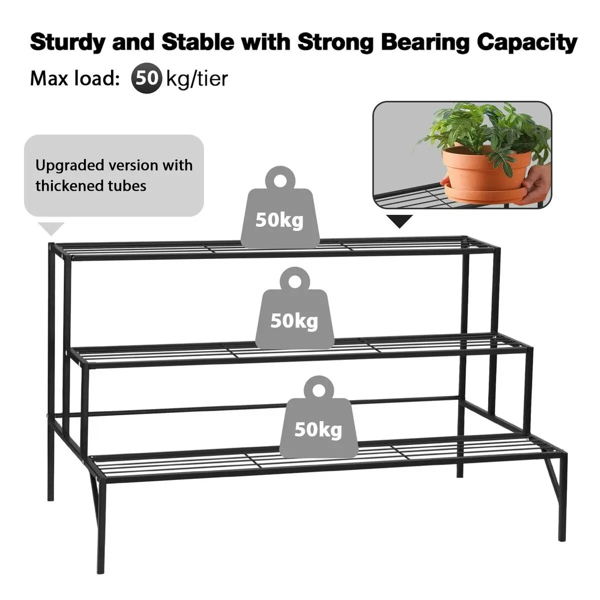 Ausway Plant Stand Black 3 Tiers Metal Flower Shelf Pot Holder Corner Planter Garden Storage Rack Outdoor Indoor Large