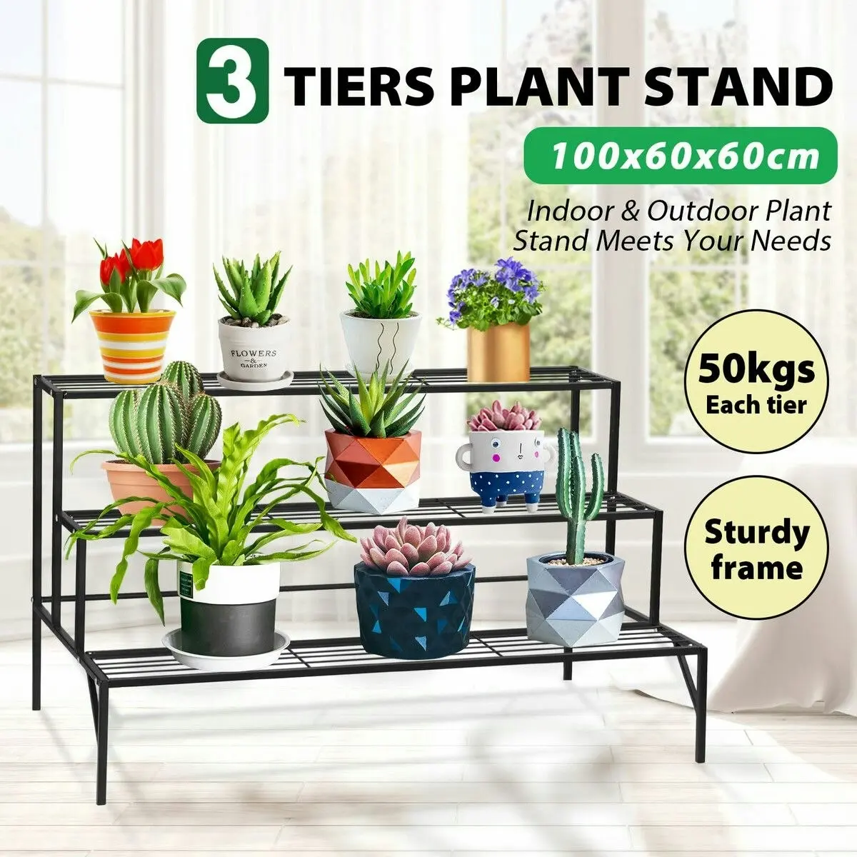 Ausway Plant Stand Black 3 Tiers Metal Flower Shelf Pot Holder Corner Planter Garden Storage Rack Outdoor Indoor Large