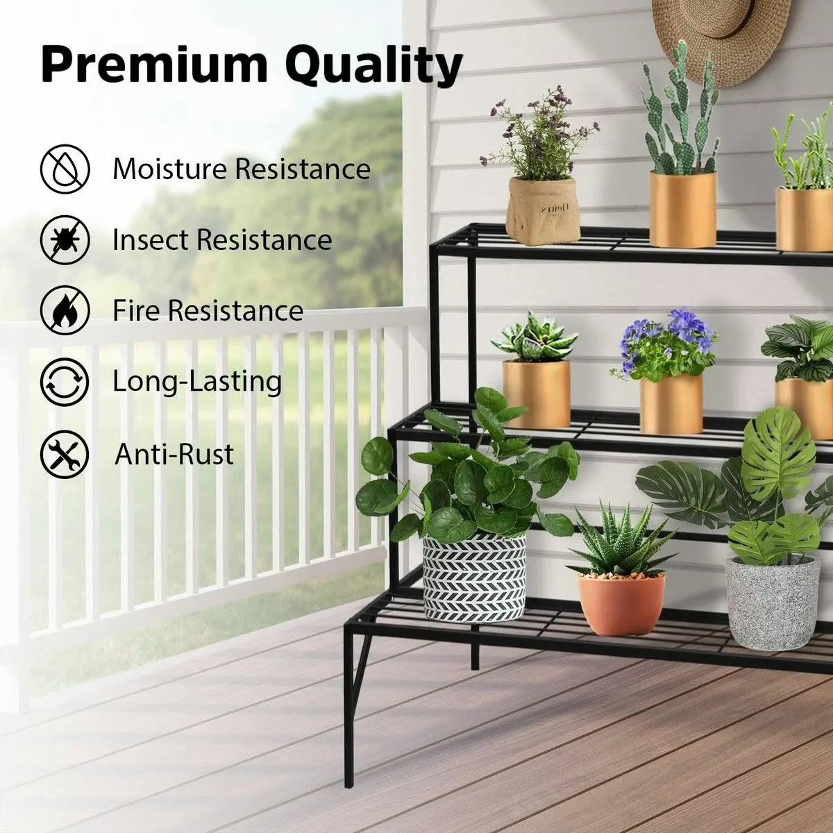 Ausway Plant Stand Black 3 Tiers Metal Flower Shelf Pot Holder Corner Planter Garden Storage Rack Outdoor Indoor Large