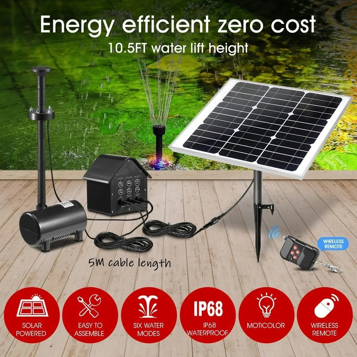 Ausway 100W Solar Fountain Water Pump with Battery and LED Light for Birdbath Garden Pool