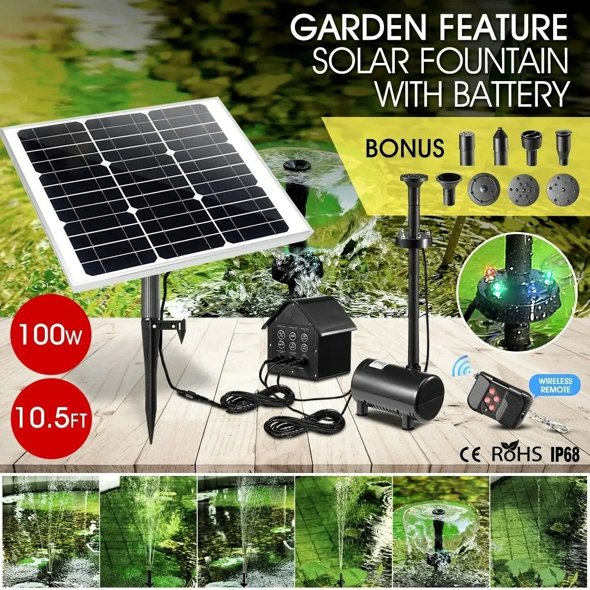 Ausway 100W Solar Fountain Water Pump with Battery and LED Light for Birdbath Garden Pool