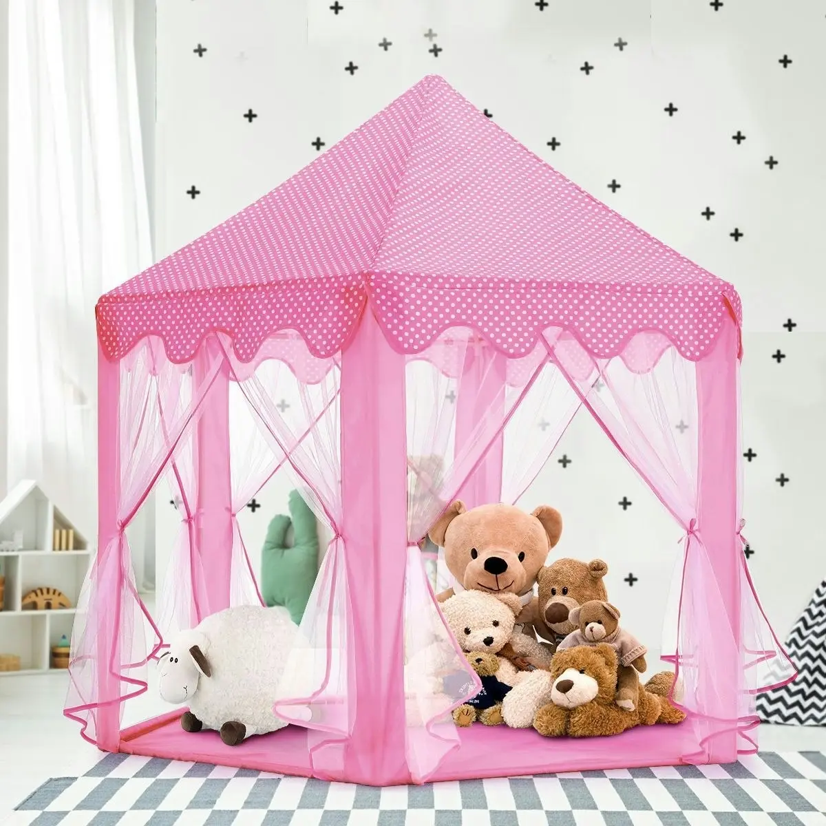 Ausway Kids Princess Castle Play Tent Hexagonal Play House Outdoor Indoor Playhouse Pink