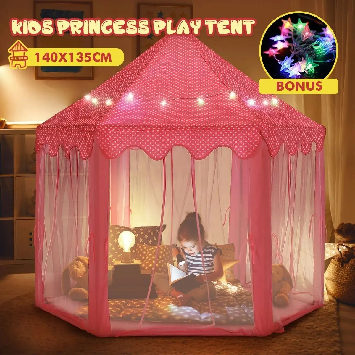 Ausway Kids Princess Castle Play Tent Hexagonal Play House Outdoor Indoor Playhouse Pink