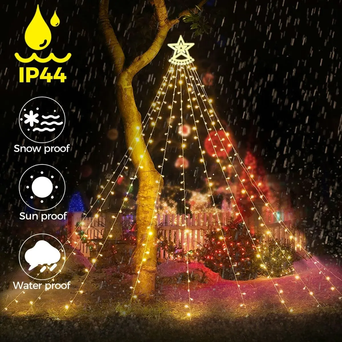 Ausway Solar LED String Light Waterfall Fairy Christmas Tree Hanging Decoration Ornament Star Topper Strip Indoor Outdoor 350 LED 9 Strands 8 Lighting Modes