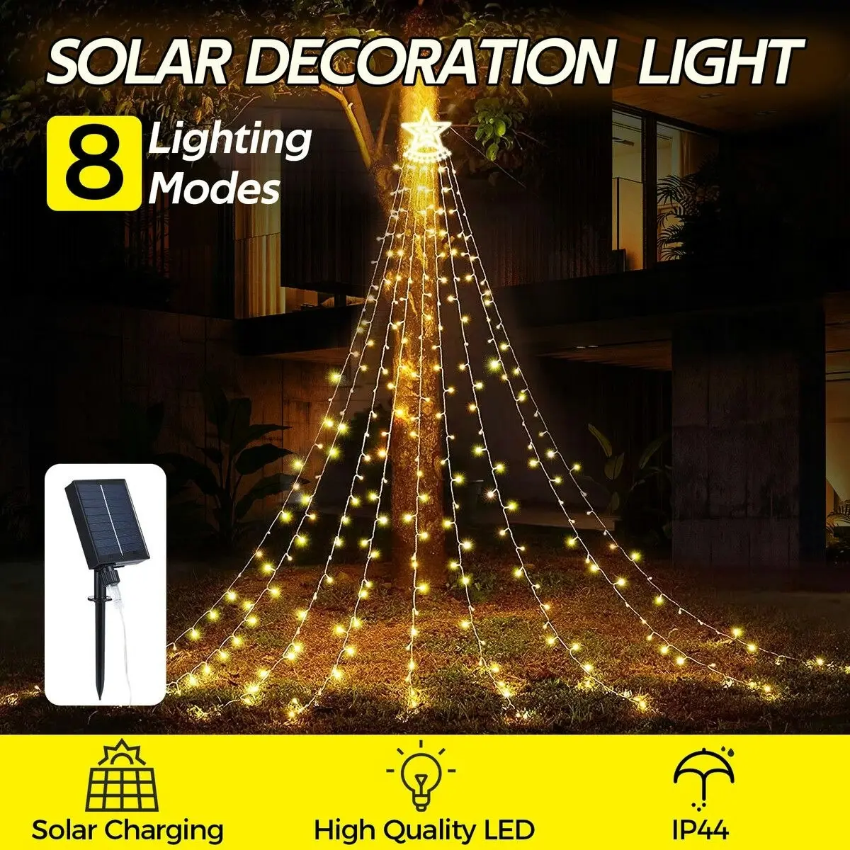 Ausway Solar LED String Light Waterfall Fairy Christmas Tree Hanging Decoration Ornament Star Topper Strip Indoor Outdoor 350 LED 9 Strands 8 Lighting Modes