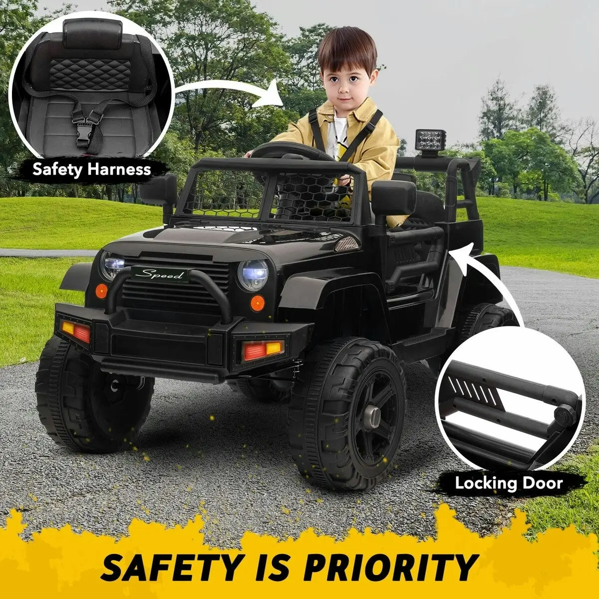 Ausway Kids Electric Car Parental Remote Control Ride On Truck Toy Jeep 12V Vehicle Spring Suspension LED AUX Port Black