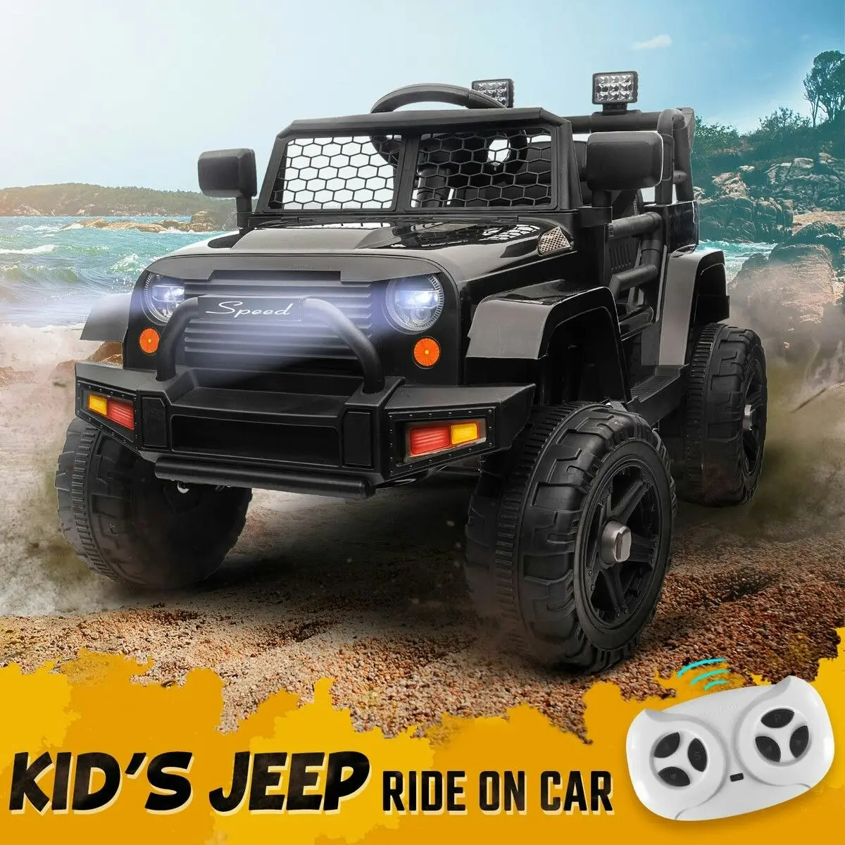 Ausway Kids Electric Car Parental Remote Control Ride On Truck Toy Jeep 12V Vehicle Spring Suspension LED AUX Port Black