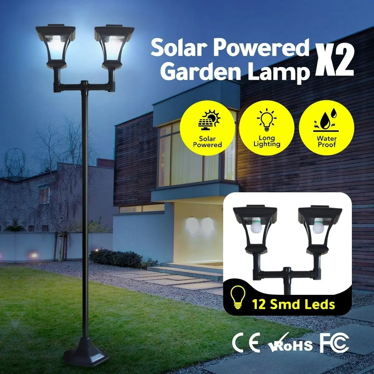 Ausway Deluxe Outdoor Solar Lights Garden Lamp Post with Double Lamp X2