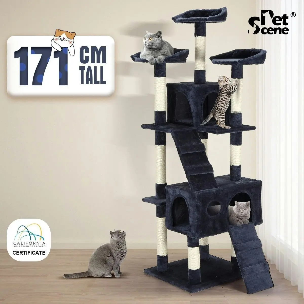 Pet Scene Cat Scratching Post Climbing Tree Pole Tower Gym Playhouse Condo Sisal Scratcher Perch Center 171cm Tall XL