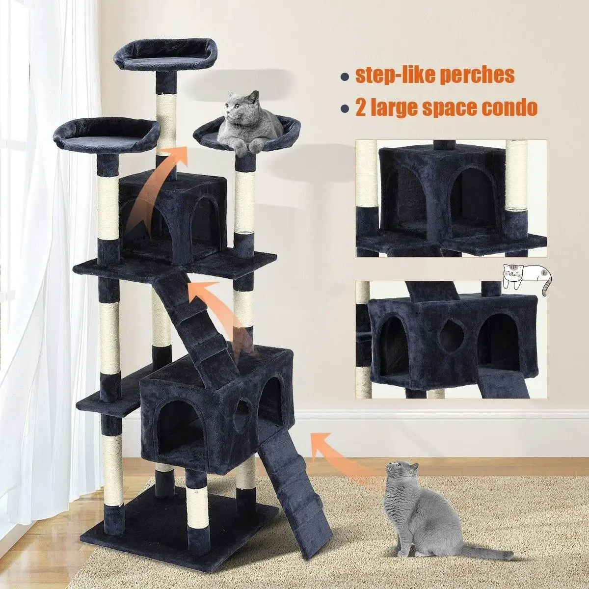 Pet Scene Cat Scratching Post Climbing Tree Pole Tower Gym Playhouse Condo Sisal Scratcher Perch Center 171cm Tall XL