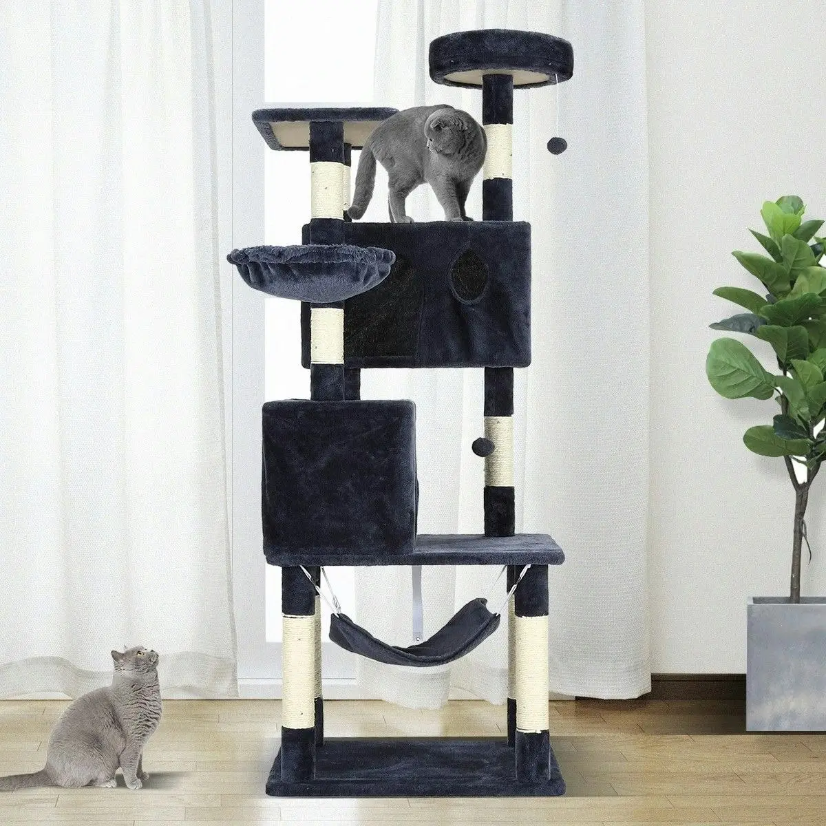 Pet Scene Cat Tree Scratching Post Climbing Pole Tower Gym Condo Play House Center Perch Hammock Multi Levels 1.6m Tall Dark Grey