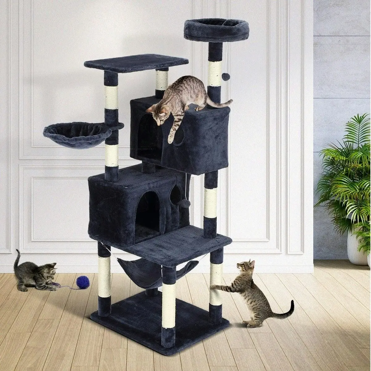 Pet Scene Cat Tree Scratching Post Climbing Pole Tower Gym Condo Play House Center Perch Hammock Multi Levels 1.6m Tall Dark Grey