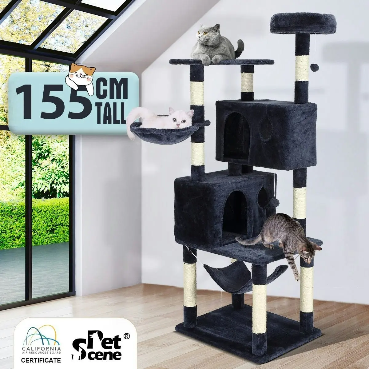 Pet Scene Cat Tree Scratching Post Climbing Pole Tower Gym Condo Play House Center Perch Hammock Multi Levels 1.6m Tall Dark Grey