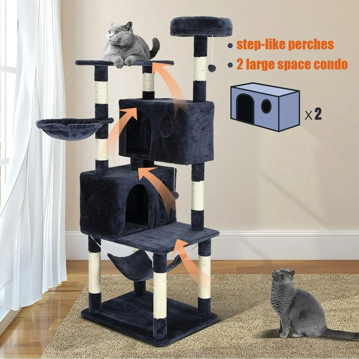 Pet Scene Cat Tree Scratching Post Climbing Pole Tower Gym Condo Play House Center Perch Hammock Multi Levels 1.6m Tall Dark Grey