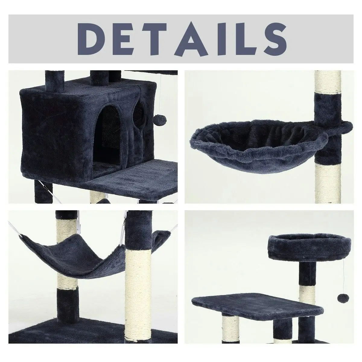 Pet Scene Cat Tree Scratching Post Climbing Pole Tower Gym Condo Play House Center Perch Hammock Multi Levels 1.6m Tall Dark Grey