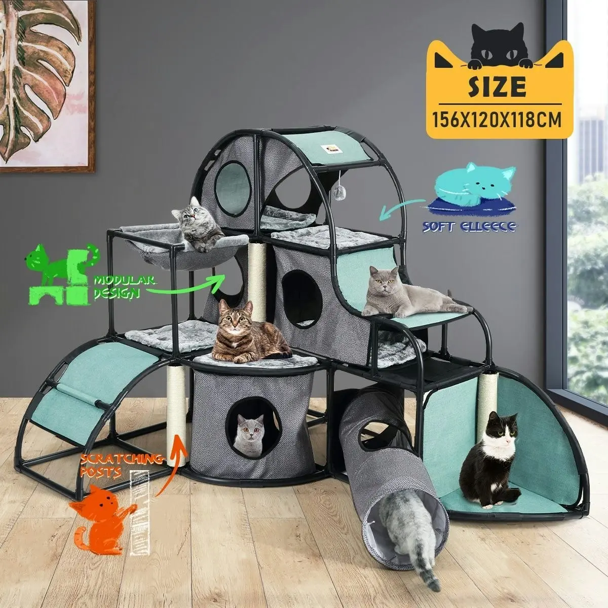 Pet Scene Cat Scratching Post Tree Climbing Tower Furniture Climber Pet Condo House Gym Nest Tunnel Toys Activity Centre Kit Multi-Level