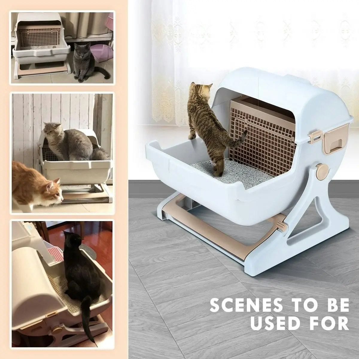 Pet Scene Cat Litter Box Large Hooded Tray Kitty Semi Automatic Toilet Pet Furniture Training