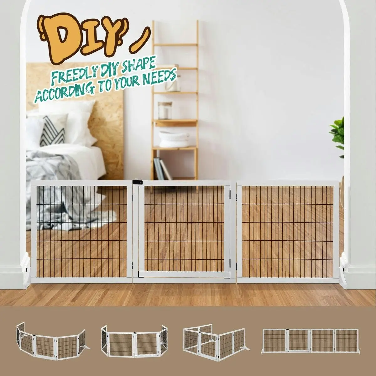 Pet Scene 6 Panel Pet Safety Gate Dog Enclosure Playpen Wood Security Fence Puppy Stair Doorway Barrier Freestanding with Door Indoor Foldable