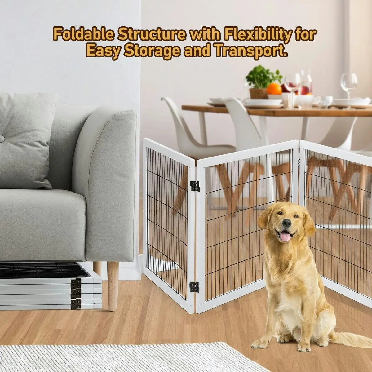 Pet Scene 6 Panel Pet Safety Gate Dog Enclosure Playpen Wood Security Fence Puppy Stair Doorway Barrier Freestanding with Door Indoor Foldable