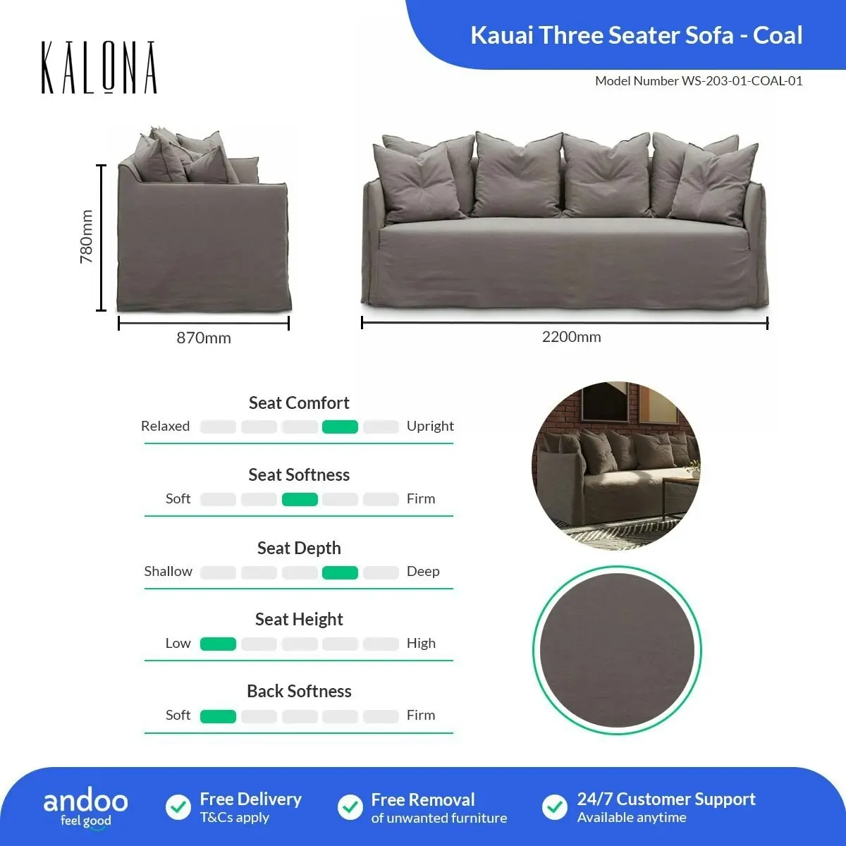 Kalona KAUAI Three Seater Sofa Coal