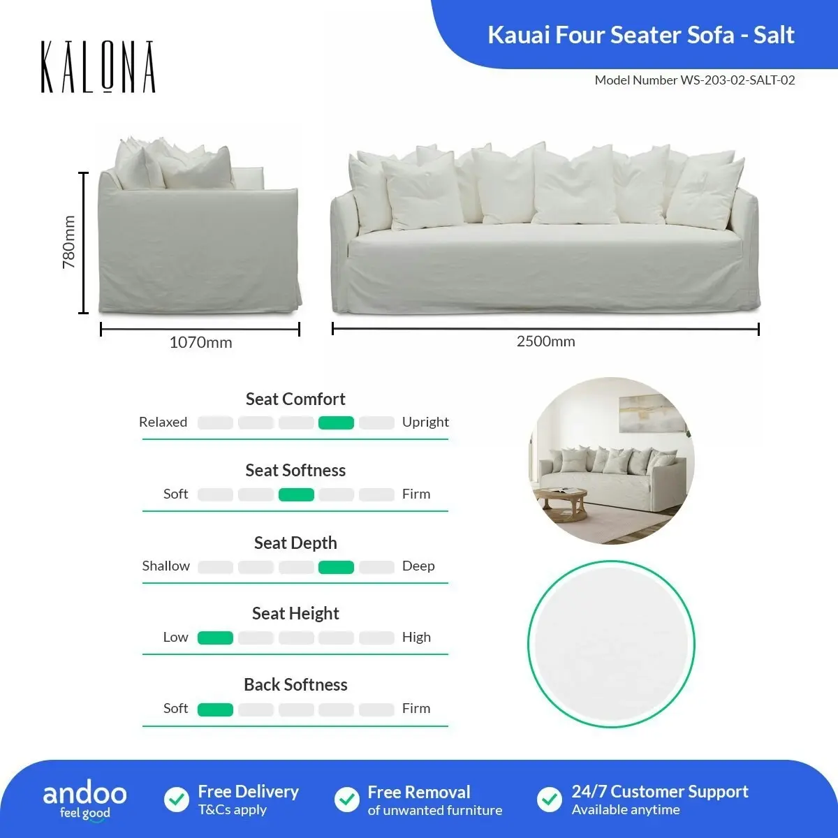 Kalona KAUAI Four Seater Sofa Salt