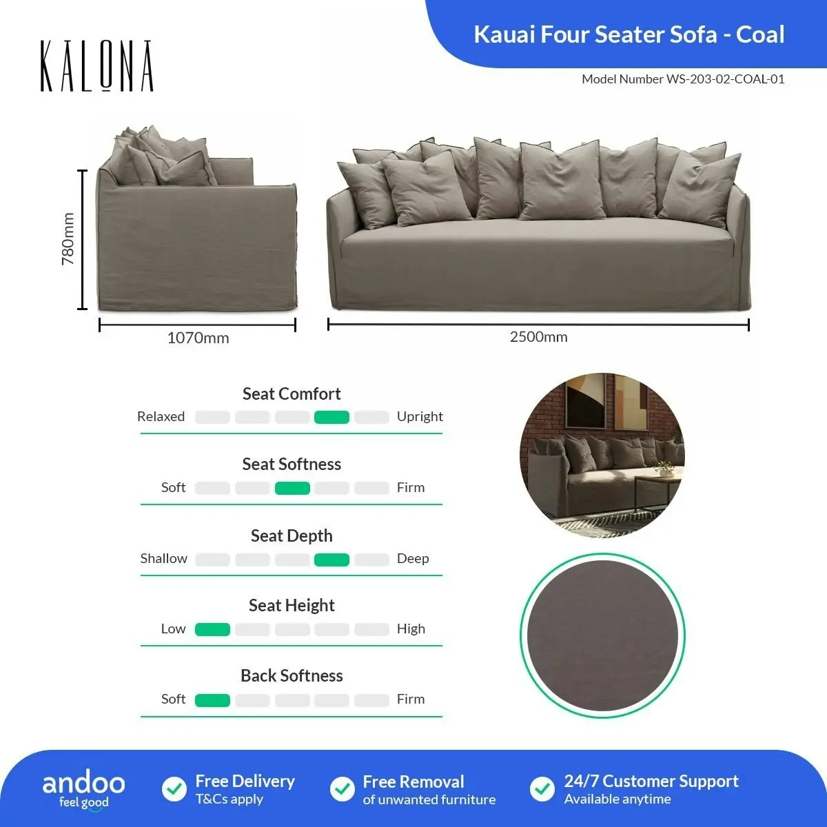 Kalona KAUAI Four Seater Sofa Coal