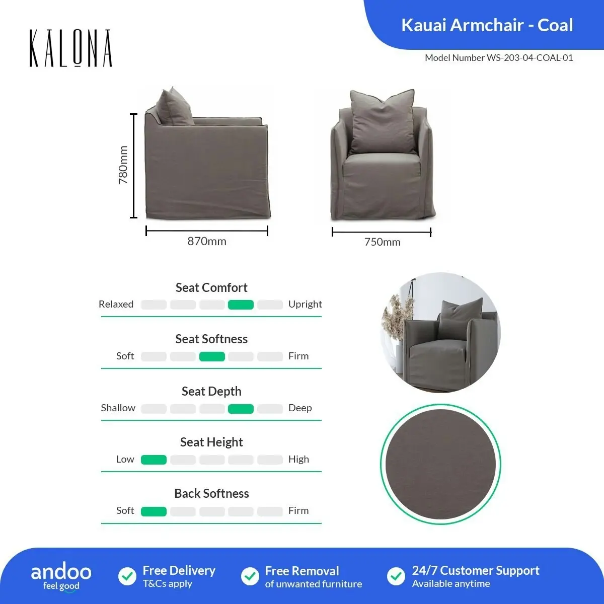 Kalona KAUAI Armchair Coal