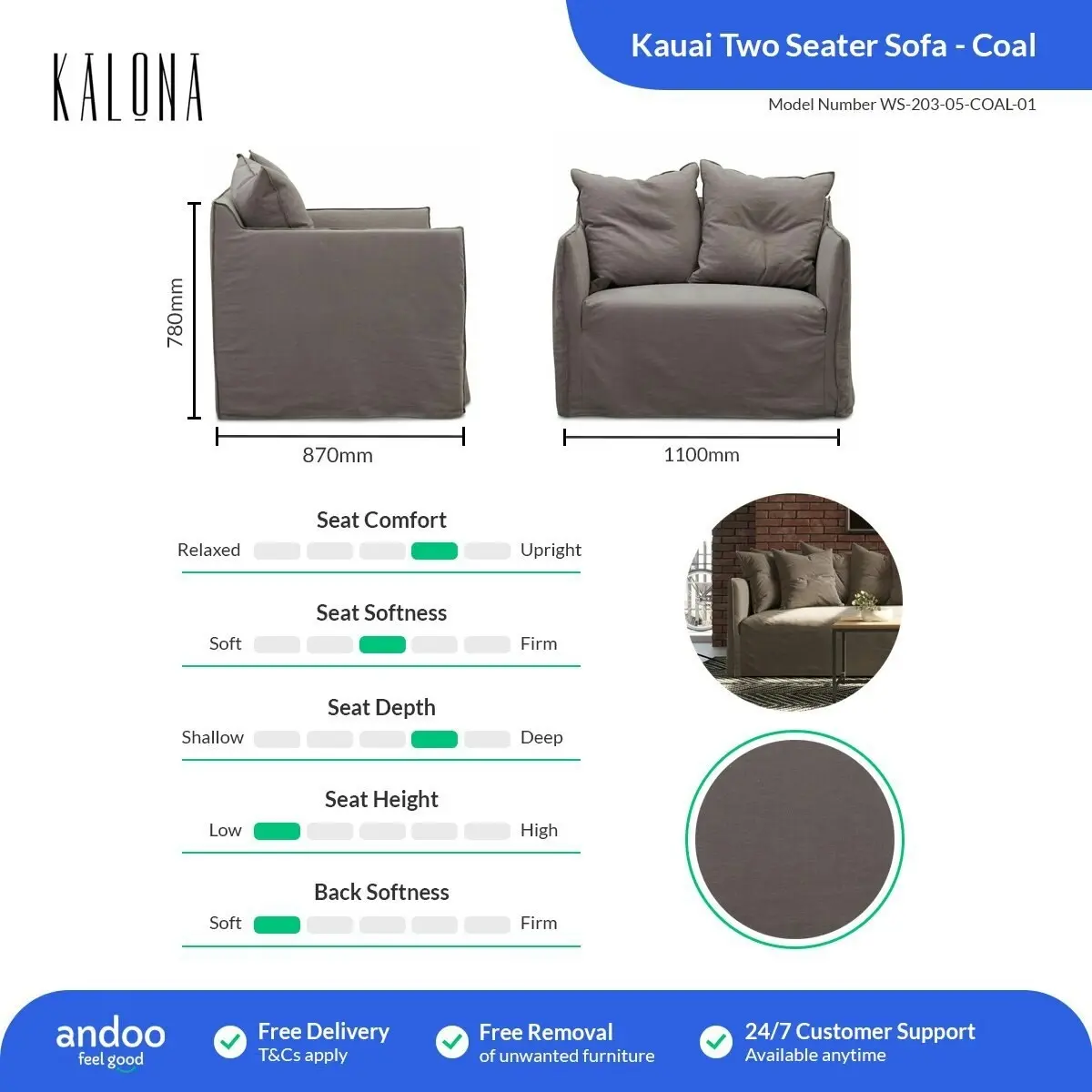 Kalona KAUAI Two Seater Sofa Coal