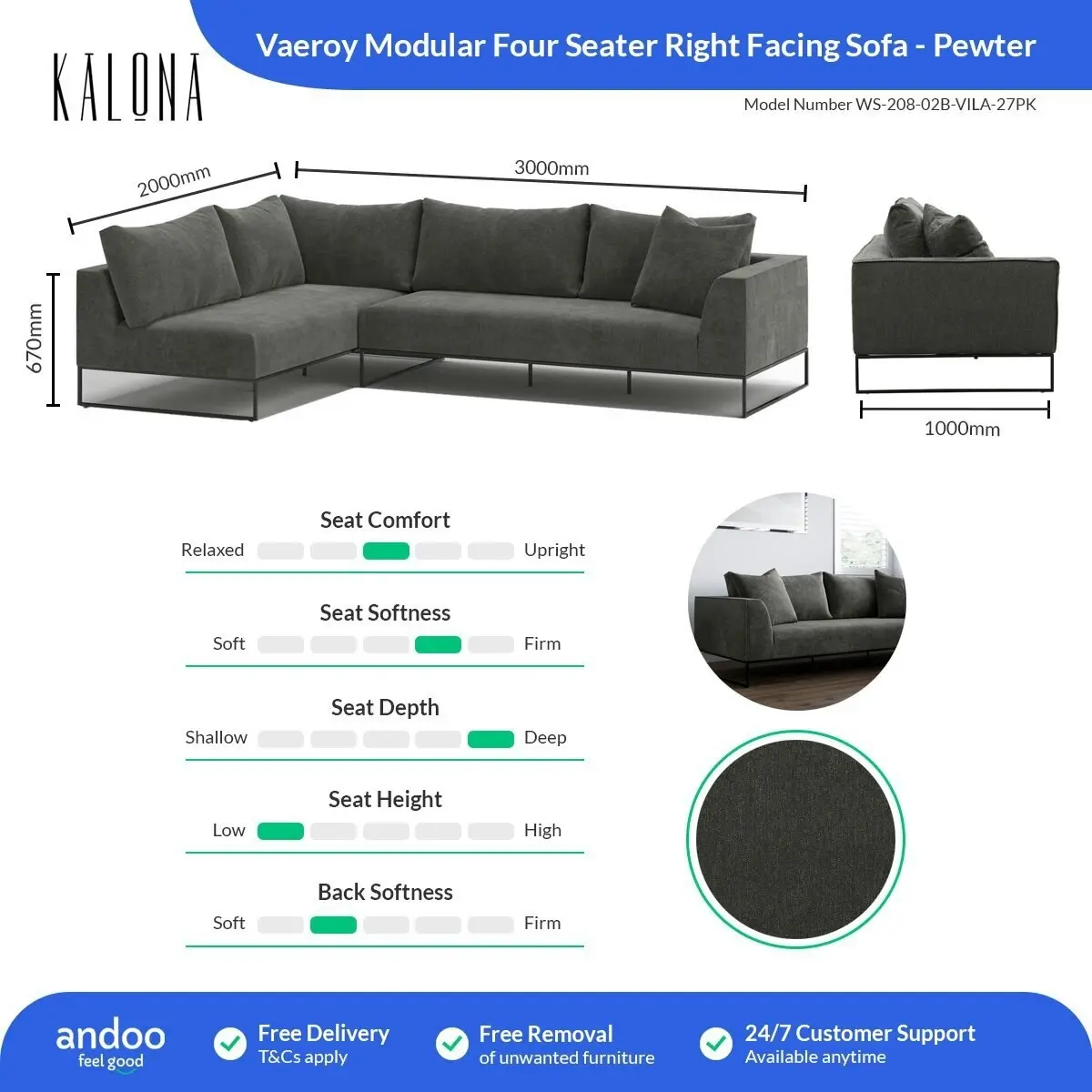 Kalona Vaeroy Modular Four Seater Right Facing Sofa Pewter