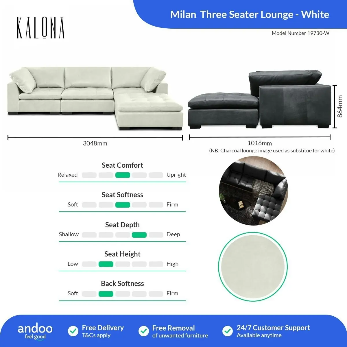 Kalona Milan Three Seater White Leather Lounge