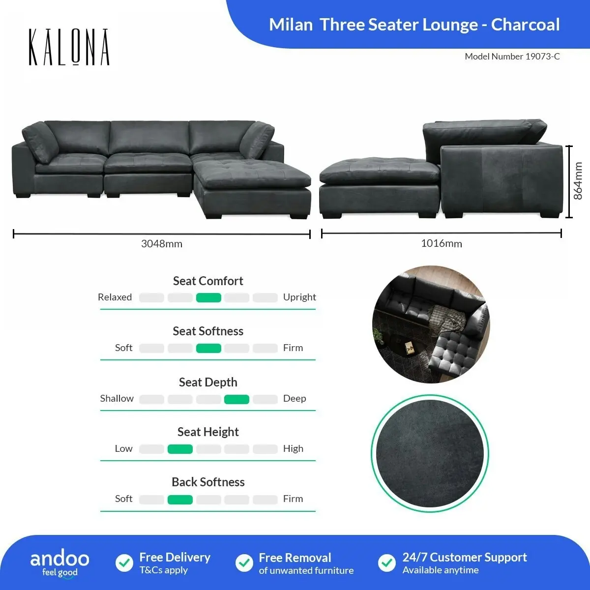 Kalona Milan Three Seater Charcoal Leather Lounge